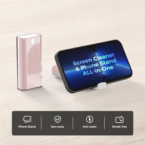 CLICK CLEAN Screen Cleaner with Pull-Out Stand & Microfiber, Pink | Fine Mist Spray, Streak-Free, Anti-Static, Removes Fingerprints & Smudges, Gentle Formula, For Phones, Laptop and Tablet - color: Pink