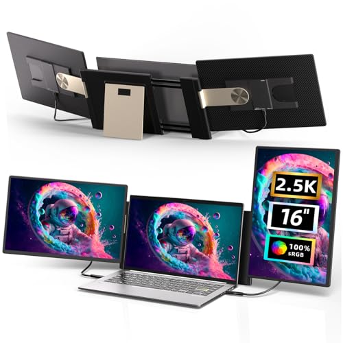 Laptop Screen Extender 2.5K - Updated 16" Triple Portable Monitor 2560x1600P QHD 100% sRGB IPS, Plug & Play, Rotation Detachable Screen Compatible with Mac Wins Dex Chrome Fits 13"-17" Laptops - size: 16"