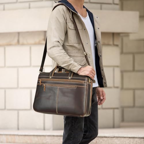 Polare Full Grain Napa Leather 17" Briefcase Work Bag Business Case For Men | Cowhide Leather, Business Travel Laptop Case, Padded Compartment Fits 15.6" Laptop, YKK Zippers - color: Dark Brown (Updated Version)