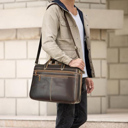 Polare Full Grain Napa Leather 17" Briefcase Work Bag Business Case For Men | Cowhide Leather, Business Travel Laptop Case, Padded Compartment Fits 15.6" Laptop, YKK Zippers - color: Dark Brown (Updated Version)