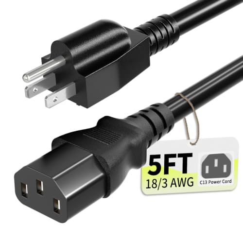 Vockjour Universal 5ft(1.5m) Power Cord, 3-Prong Pure Copper ETL, Black | 10 Amps 125 Volts NEMA 5-15P to C13 AC Cable for TV Monitor PC Printer PlayStation Samsung Dell HP Sony LG Apple Vizio Asus - size: 5FT