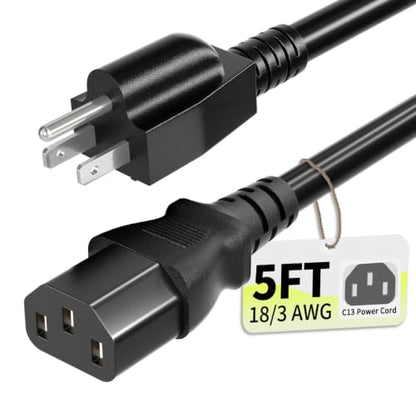 Vockjour Universal 5ft(1.5m) Power Cord, 3-Prong Pure Copper ETL, Black | 10 Amps 125 Volts NEMA 5-15P to C13 AC Cable for TV Monitor PC Printer PlayStation Samsung Dell HP Sony LG Apple Vizio Asus - size: 5FT
