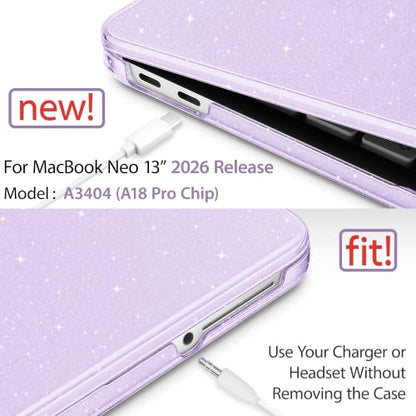May Chen Compatible with MacBook Neo 13 inch Case 2026 Model A3404, Plastic Hard Shell,Keyboard Cover,Screen Protector,Dust Plug, for MacBook Neo 13" with A18 Pro Chip, Glitter Purple - color: Glitter Purple