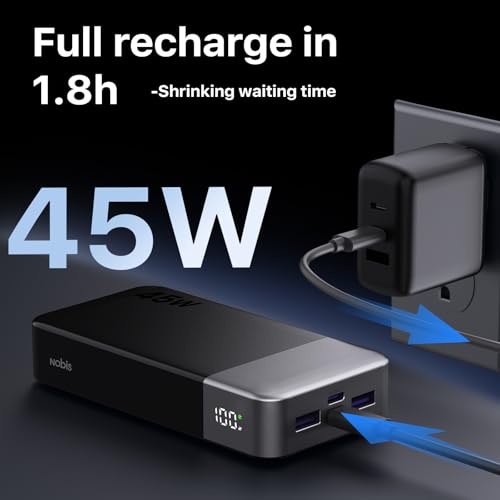 NOBIS 45W 20000mAh Portable Charger Power Bank Fast Charging | Battery Pack with 2 USB-C (in/Out) & 2 USB-A, Digital Display & Small Current Mode, Battery Bank for Phone 17 S25 Tablet - color: Black