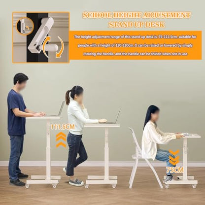 Height Adjustment Standing Desk, School Stand Up Desk with Wheels, Office Flippable Moved Laptop Table, Anti-Fall Fence Design Side Table(White) - color: White