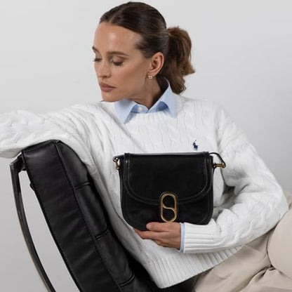 Time Resistance Full-Grain Leather Crossbody Bag – Shoulder Bag with Magnetic Closure - Leather Messenger Bag for Women - color: Black