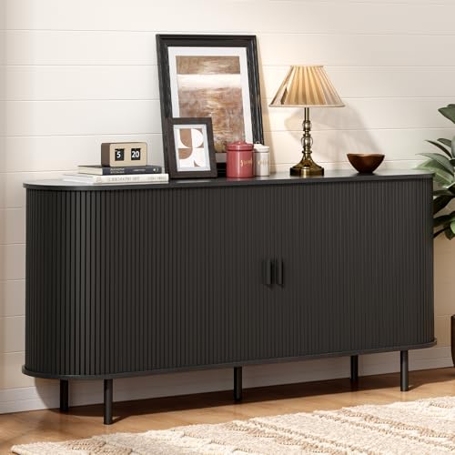 ONBRILL 63" Sideboard Buffet Cabinet with Storage, Storage Cabinet with Sliding Door & Adjustable Shelf, Modern Accent Coffee Bar Console Table for Kitchen, Entryway, Black - color: Black, size: 63"