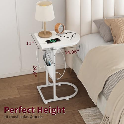 C Shaped End Table with Charging Station, Small Side Table for Couch, C Table Slides Under Sofa with Storage Bag, TV Tray Table for Recliner, Living Room, Bedside, Bedroom, Small Spaces, White - color: Charging Station White