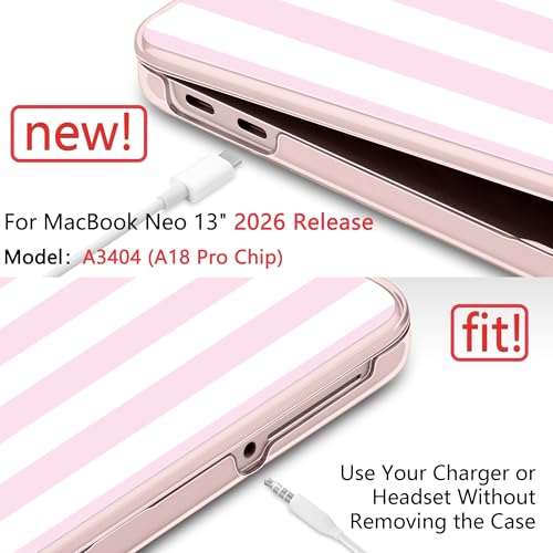 for MacBook Neo 13 Inch Case 2026 (Model A3404, A18 Pro chip), Stylish Pattern Protective Hard Shell with Screen Protector, Keyboard Cover & USB-C Adapter - Pink & White Stripes - color: Pink White Stripes