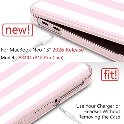 for MacBook Neo 13 Inch Case 2026 (Model A3404, A18 Pro chip), Stylish Pattern Protective Hard Shell with Screen Protector, Keyboard Cover & USB-C Adapter - Pink & White Stripes - color: Pink White Stripes