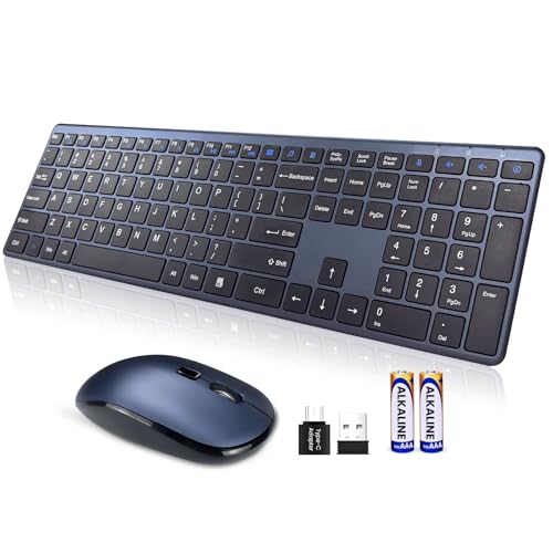 Wireless Keyboard and Mouse Combo,2.4G USB-A/Type-C Ultra Slim Quiet Full Size Matte PC Computer Keyboard & Mice,3 DPI,19 Multimedia Key,Lag-Free Ergo,Long Battery Life for Desktop,Laptop,Smart TV,MAC - style: US Layout-Black+Blue