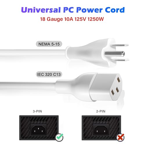 Adoreen 2 Ft Computer TV Replacement Power Cord White, 18AWG 3-Prong AC Universal Power Supply Cable NEMA 5-15P to IEC 320 C13 for Printer, PC, Monitor TV LCD, ETL+Ties - size: 2FT, style: Straight to Straight
