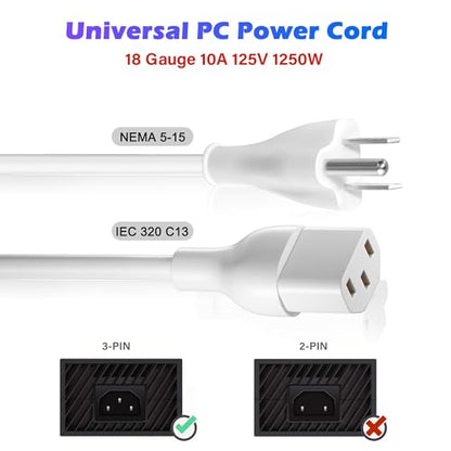 Adoreen 2 Ft Computer TV Replacement Power Cord White, 18AWG 3-Prong AC Universal Power Supply Cable NEMA 5-15P to IEC 320 C13 for Printer, PC, Monitor TV LCD, ETL+Ties - size: 2FT, style: Straight to Straight