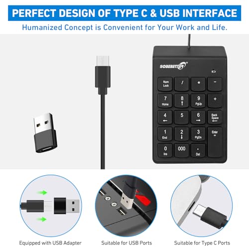 USB-C ＆ USB-A Number Pad, 19 Keys Wired Numeric Keypad, Plug & Play | 15° Ergonomic Numeric Pad for Laptop/Desktop/iPad/phone, Portable Financial Accounting 10 Keys Number Pad for Windows/macOS