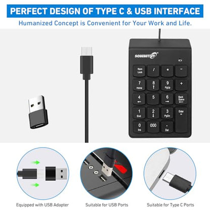 USB-C ＆ USB-A Number Pad, 19 Keys Wired Numeric Keypad, Plug & Play | 15° Ergonomic Numeric Pad for Laptop/Desktop/iPad/phone, Portable Financial Accounting 10 Keys Number Pad for Windows/macOS