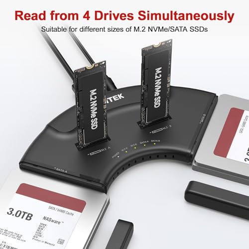 Unitek 4-Bay USB-C Adapter, 2X M.2 + 2X SATA, 10Gbps, Tool-Free | Simultaneous 4-Drive Access; 2 M.2 (NVMe/SATA) + 2 SATA (2.5/3.5"); Hot-Swap; UASP/TRIM; USB-C Cable & 12V Adapter Included - color: Black USB-C M.2 & 2.5/3.5"