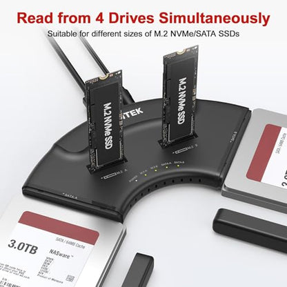 Unitek 4-Bay USB-C Adapter, 2X M.2 + 2X SATA, 10Gbps, Tool-Free | Simultaneous 4-Drive Access; 2 M.2 (NVMe/SATA) + 2 SATA (2.5/3.5"); Hot-Swap; UASP/TRIM; USB-C Cable & 12V Adapter Included - color: Black USB-C M.2 & 2.5/3.5"