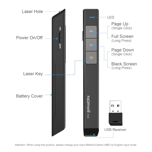 Norwii Wireless Presentation Clicker, PowerPoint Clicker with Laser Pointer | Presentation Remote for PowerPoint Presentations, Plug & Play USB Slide Advancer, Compatible with Mac/Windows/Linux/Android - color: Black