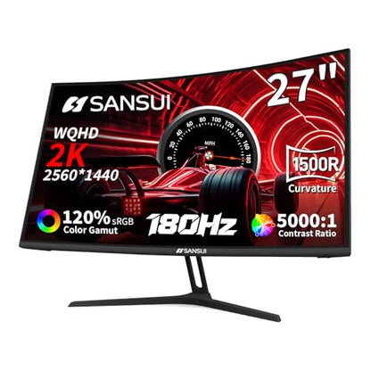 SANSUI 27 Inch WQHD 2560X1440 Curved Gaming Monitor, 180Hz MPRT 1ms Computer Monitor,HDMI2.0 * 2, DP1.2 * 2, Freesync, Curved 1500R, 5000:1 Contrast Ratio, 120% sRGB,HDR(ES-G27C1Q DP Cable Included) - size: 27