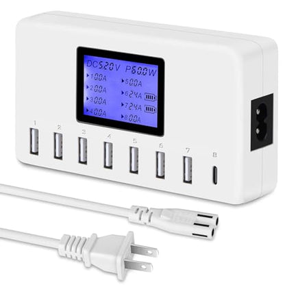 60W 12A 8-Port USB Charging Station - Multi Port USB Hub Charger with LCD Display - Compatible with iPhone, iPad, Samsung, Kindle, Tablet, Bluetooth Earbuds and More - color: white