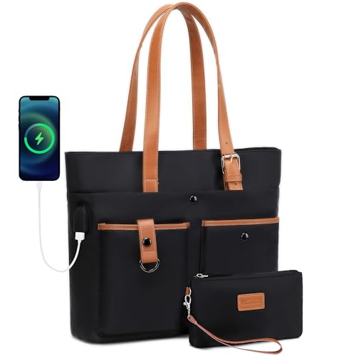 Laptop Bag for Women 15.6 Inch Work Tote Briefcase with USB Nylon Shoulder Handbag for Office Travel Business - color: Black