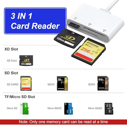 XD Card Reader, 3-in-1 SD/TF/XD Card Adapter - Lightning + USB A + USB C SD Card Reader Plug & Play, OTG Memory Card Reader for iPhone 17/16/15/14/iPad/PC/Android