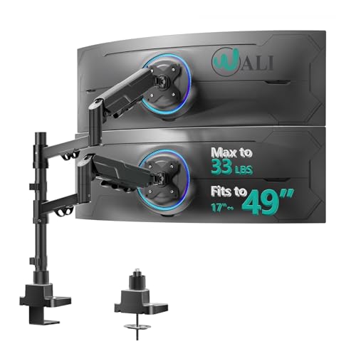 WALI Vertical Dual Monitor Mount for 17-49 inch Curved Screens，up to 33 lbs | Heavy Duty Stacked Ultrawide Monitor Arm, Full Motion with Tilt, Swivel, Rotation, C-Clamp & Grommet Base, VESA 75/100mm - color: Black (Dual), size: 17" to 49"