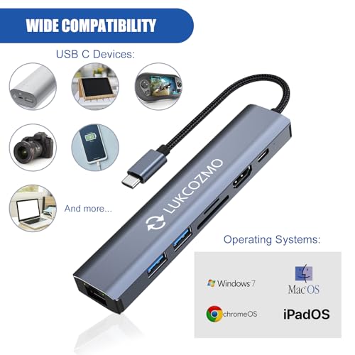 7-in-1 USB C Hub Docking Station with 4K HDMI Port & Ethernet | 4K HDMI 1G Gigabit Ethernet 100W PD Charging 2 USB 3.0 Ports SD/TF Card Reader, for MacBook/Dell/HP/Surface/Lenovo/Steam Deck - color: Dark gray