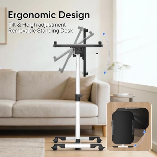 MoNiBloom Mobile Laptop Desk 360° Rotatable Panel Adjustable Height Desk Rolling Cart Ergonomic Table with Wheels for Home Office School, Black - color: Black/White