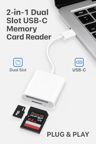 2-in-1 USB-C SD & MicroSD Card Reader for iPhone 17/16/15, iPad, MacBook Pro/Air, Android & PC — Plug & Play Adapter Supports SD/TF Cards up to 512 GB | Fast 16 MB/s Transfer Speed | White