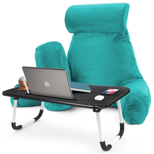 Nestl Reading Pillow with Portable Laptop Lap Desk - Shredded Memory Foam Back Support Pillow for Sitting Up in Bed and Couch Rest Pillows with Arms, Bed Tray Table with Foldable Legs, Teal - color: Teal, size: Large