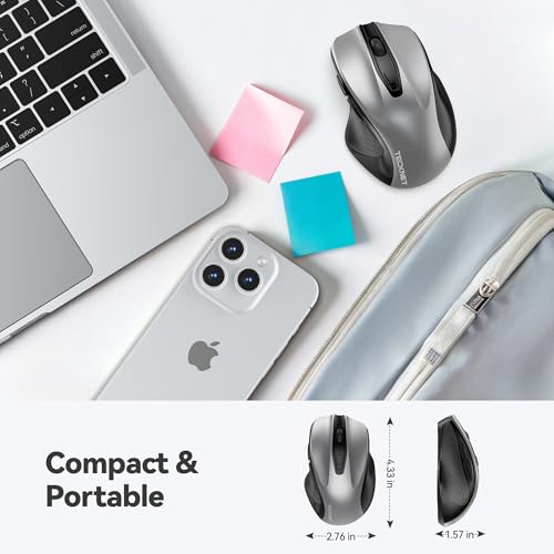TECKNET Wireless Mouse, 2.4G Ergonomic Computer Mouse, 2600 DPI, Silver | Ergonomic Design with Side Grips, Adjustable DPI, 2-Year Battery, Compact Size, USB-A Plug & Play, Wide OS Compatibility - color: Silver