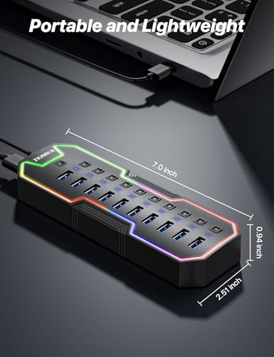 Powered USB Hub, 10 Ports USB 3.0 Hub with RGB LED Strip | 12V/2A Power Adapter USB Extension,Individual LED On/Off Switches for Mac, PC, Desktop, Flash Drive, Mobile HDD