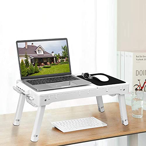 Laptop Table Bed Notebook Desk-Multi-Functional Laptop Bed Table Tray with Internal Cooling Fan, Laptop Desks with LED Light, 4 USB Ports, Storage, Mouse Pad (white)