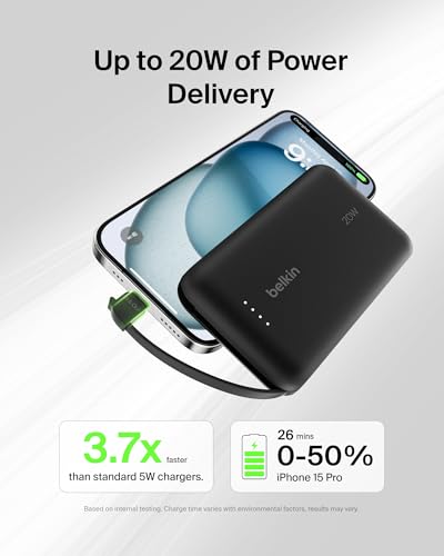 Belkin 10000mAh 20W USB C Power Bank, Portable Charger for iPhone & iPad | Fast Charging, Integrated USB C Cable, Eatra USB C Port, iPhone 17, iPad, Samsung Galaxy S26, Charge 2 Devices - color: Black, style: 10K mAh