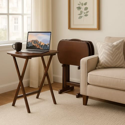Ergode Corbett Brown Folding TV Tray Table Set with Storage Stand - Stylish Antique Walnut Design, Easy Maintenance, Ideal for Dining, Serving, and Work - Compact & Portable Rectangular Shape