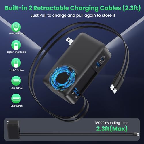 120W USB C Charger Block with 2 Built-in Retractable Cables,4-in-1 GaN IV Foldable Plug Wall Charger Fast Charging Station,PD 65W Laptop Adapter for MacBook/iPad,iPhone 16/15/14,Android (Black) - color: Matte Black