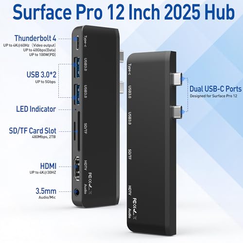 Surface Pro 12 Docking Station, Surface Pro 12 Accessories with 4K HDMI, Thunerbolt 4 Hub (4K@60Hz Display+ 40Gbps Data+ 100W Charging), 2 USB3.0, SD/TF, 3.5mm Audio for Surface Pro 12 inch 2025 - color: For Surface Pro 12
