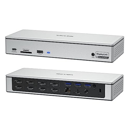 WAVLINK DisplayLink Laptop Docking Station Quad Monitor 4K@60Hz for MacBook | 100W PD Charging for Laptop with Thunderbolt 5/4/3, USB-C/A - M1-M5 Mac/Neo/Windows- 4 HDMI, 4 DP, SD 4.0, 2.5Gbps LAN - color: Silver