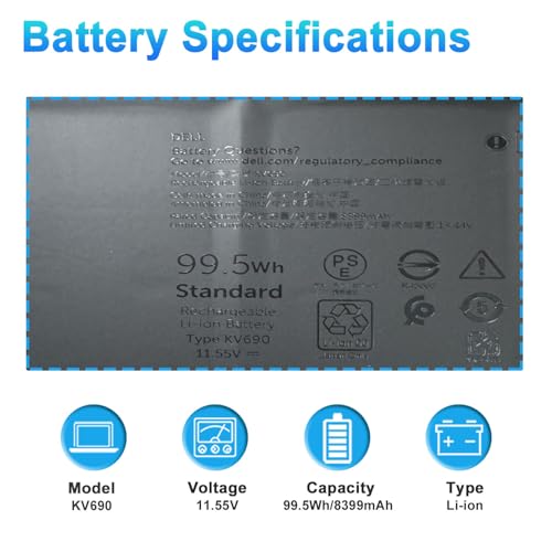 99.5Wh KV690 Laptop Battery Replacement for Dell Precision 5680 5690 Series Notebook 06D2HW 6D2HW 0WPYCV WPYCV 0N7KV9 N7KV9 11.55V 8399mAh 6-Cell - size: 12.60*3.62*0.87inch KV690