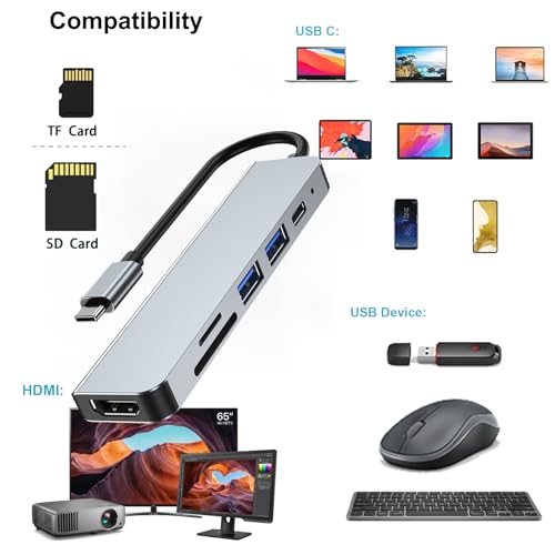 USB C Hub 6 in 1 with HDMI(4K@30Hz), USB-C to HDMI Adapter 100W Power Delivery, USB 3.0, USB 2.0, SD/TF Card Reader Compatible with iPhone 15/16, MacBook, iPad Pro, Samsung Galaxy S8, Dell XPS
