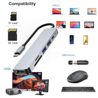 USB C Hub 6 in 1 with HDMI(4K@30Hz), USB-C to HDMI Adapter 100W Power Delivery, USB 3.0, USB 2.0, SD/TF Card Reader Compatible with iPhone 15/16, MacBook, iPad Pro, Samsung Galaxy S8, Dell XPS
