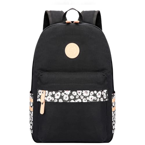 mygreen Kawaii Girls Backpack for School - Lightweight Canvas Backpack for Teens Ages 8-12, Fits 15 Inch Laptop, Cute Boho Floral Design, Durable & Comfortable Black - color: Black, Flower, 15 Inch Laptop