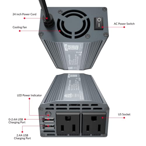 BESTEK 300W Power Inverter DC 12V to 110V AC Car Inverter with 4.2A Dual USB Car Adapter (Gray) - color: Gray