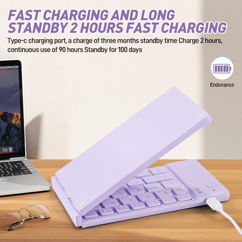 Foldable Mini Rechargeable Bluetooth Keyboard and Mouse Combo, 2.4G Wireless and Bluetooth,(Sync Up to 3 Devices), Ultra-Slim Travel Folding Keyboard for iPhone iPad Mac Android Windows iOS(Purple) - color: purple