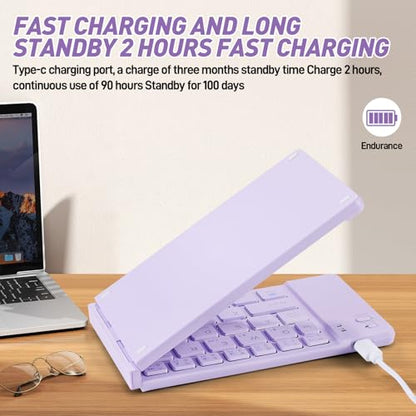 Foldable Mini Rechargeable Bluetooth Keyboard and Mouse Combo, 2.4G Wireless and Bluetooth,(Sync Up to 3 Devices), Ultra-Slim Travel Folding Keyboard for iPhone iPad Mac Android Windows iOS(Purple) - color: purple