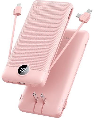 VRURC Portable Charger, Power Bank Built-in Cables and AC Wall Plug | USB C Power Bank 10000mAh Travel Essentials Phone Charger Compact External Battery Pack For Smart Phones, Tablets etc-Pink - color: Pink