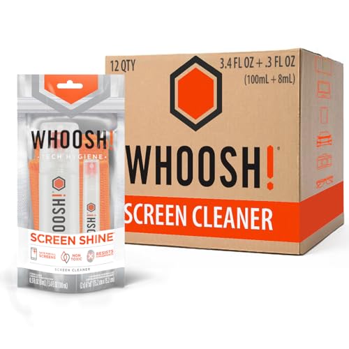 WHOOSH Screen Cleaner and Wipe Kit Duo, Set of 12, 3.7 fl oz + 0.3 fl oz | Large and Travel Size Bottles, Non Toxic and Odorless, For iPad, MacBook and Car Screens, 2 Microfiber Cloths - size: 3.7 Fl Oz (Pack of 12)