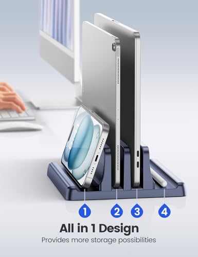 EAXBUX 4 in 1 Vertical Laptop Stand Holder,Adjustable ABS Plastic Desktop Management Notebook Dock,Vertical Laptop Stand Space-Saving for All MacBook/Surface/Samsung/HP/Dell/Chrome Book(Black) - color: Black, size: 2-Slot