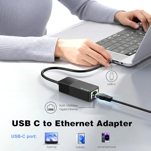 USB C to Ethernet Adapter, 1000Mbps Gigabit RJ45 LAN Network Adapter | Compatible with iPhone 15/16/17, iPad USB-C, MacBook/Pro/Air, Laptop, Windows 11/10/8/7, Mac OS, Plug and Play - size: USB C to Ethernet Adapter
